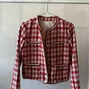 Mango Red and White Checkered Tweed Blazer